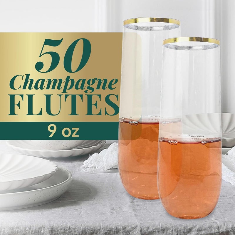 Reli. . Plastic Champagne Flutes (50 Pack, 9oz) Clear w/Gold Rim, Stemless | Disposable Champagne Flutes for Champagne, Mimosa, Cocktail, Wedding | BPA-Free Champagne Glasses Plastic, Shatterproof - Image 2